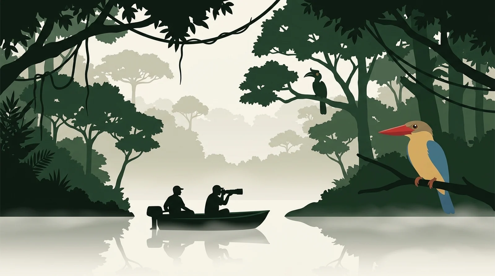 Illustration of a photographer with a long lens in a river skiff photographing a kingfisher