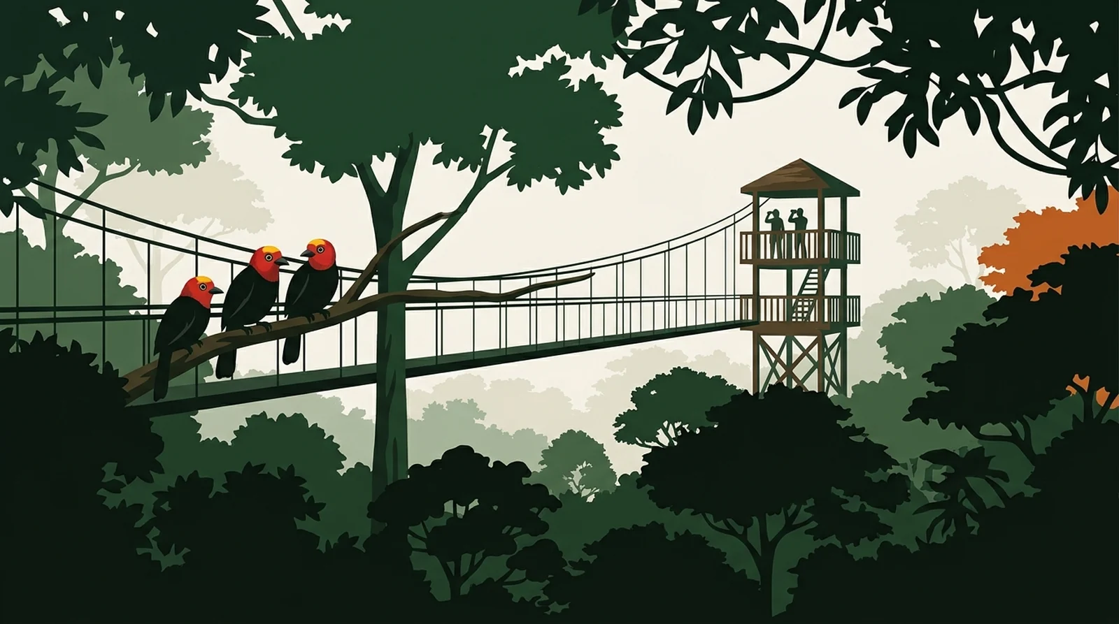 Illustration of a canopy walkway and tower with a party of Bornean bristleheads in a nearby crown