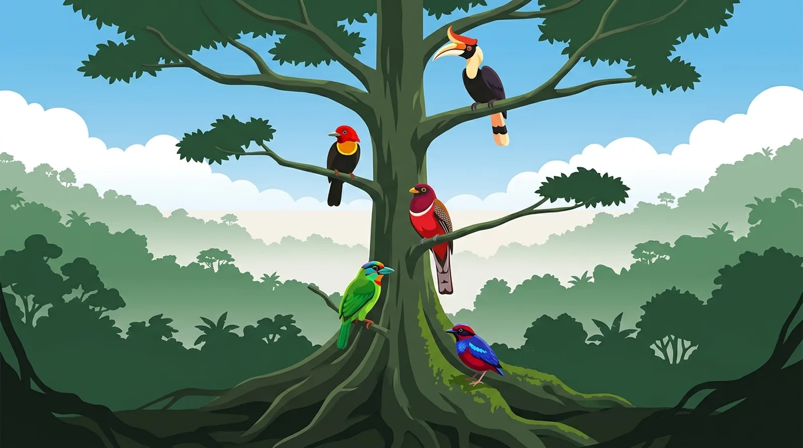 Illustration of five Bornean birds at different heights in one emergent rainforest tree