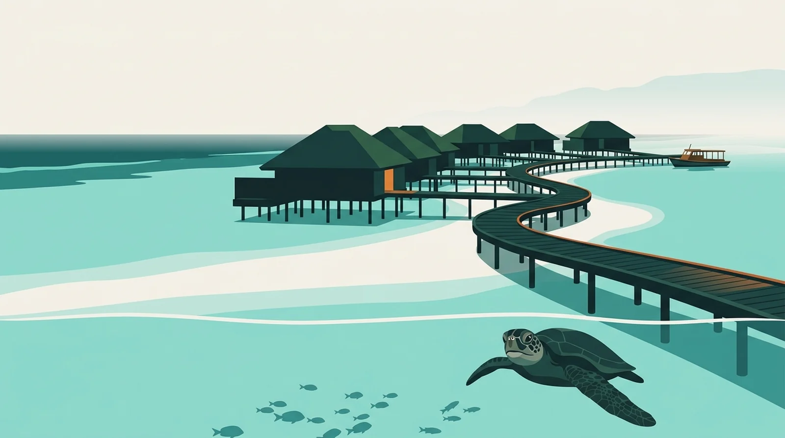 Illustration of over-water chalets on stilts above a shallow sandbank with no land