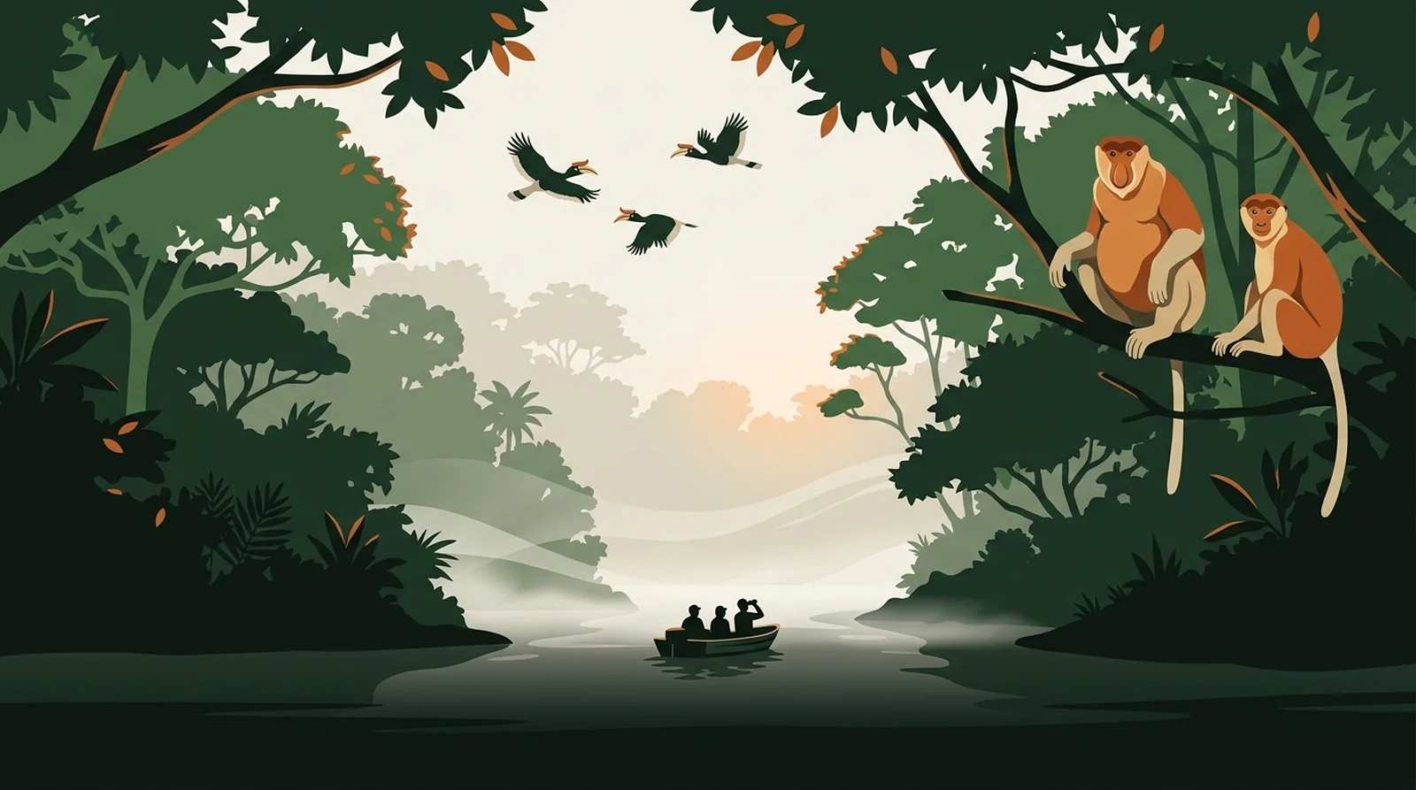 Illustration of a small boat on a misted rainforest river with proboscis monkeys in the trees and hornbills overhead