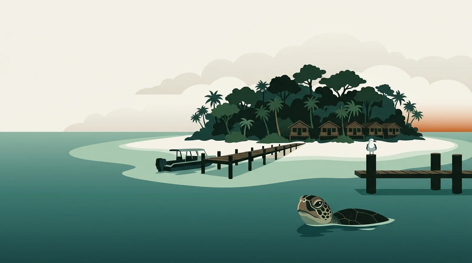 Illustration of a small forested island ringed by white sand with a jetty and a dive boat