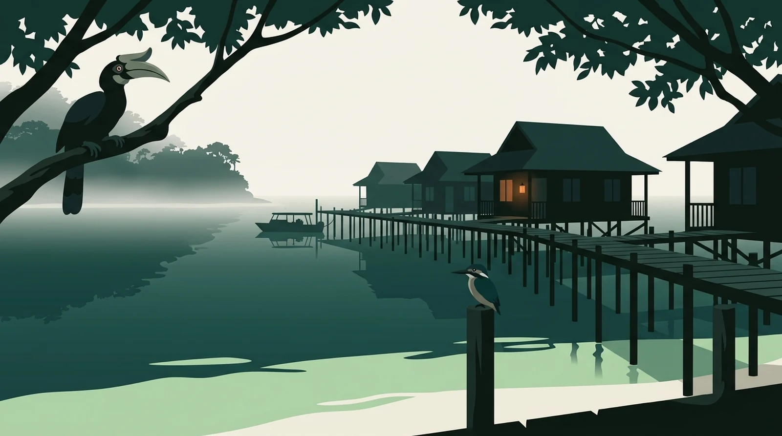 Illustration of over-water chalets on stilts above a shallow reef with a dive boat moored alongside