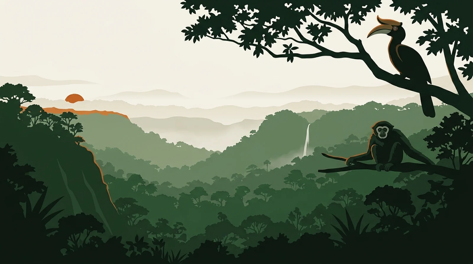 Illustration of the forested Maliau Basin seen from its rim with a distant waterfall