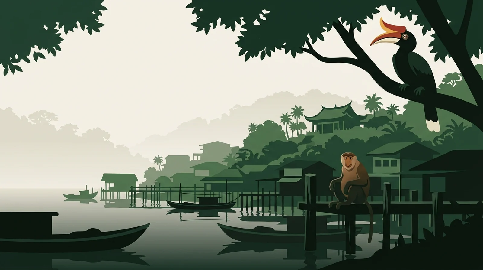 Illustration of the Sandakan waterfront with fishing boats and the town rising up a green hillside