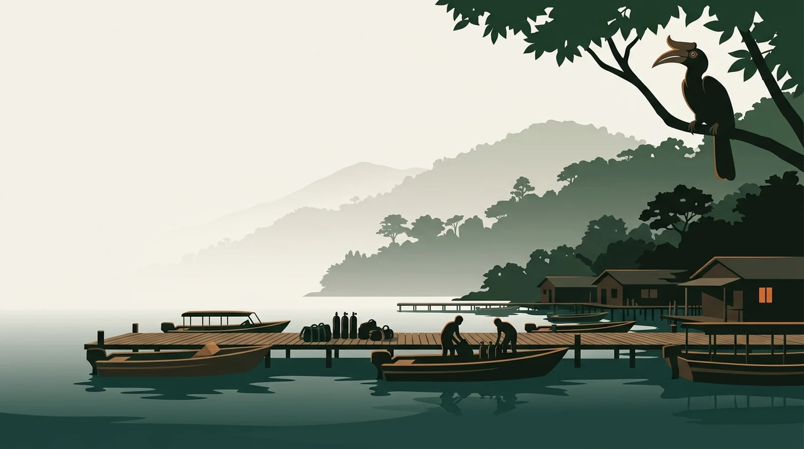 Illustration of a dive-boat jetty at first light with tanks stacked on the boards