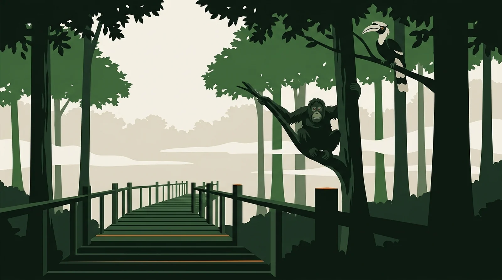 Illustration of a raised timber boardwalk receding through tall rainforest