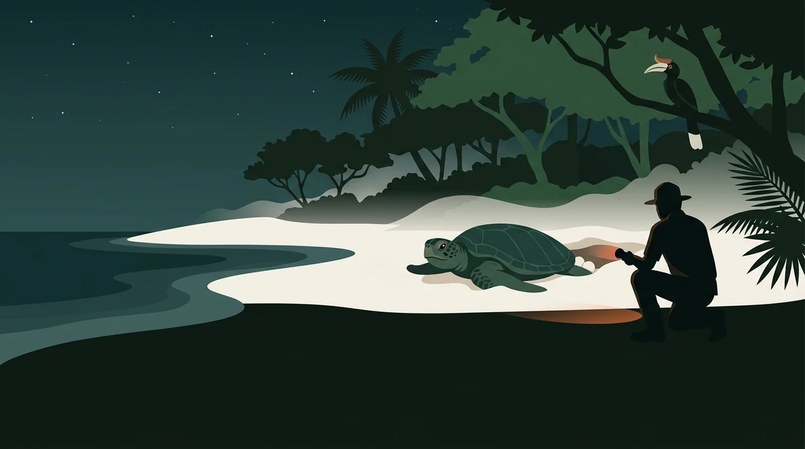Illustration of a green turtle nesting on a moonlit beach with a ranger at a distance