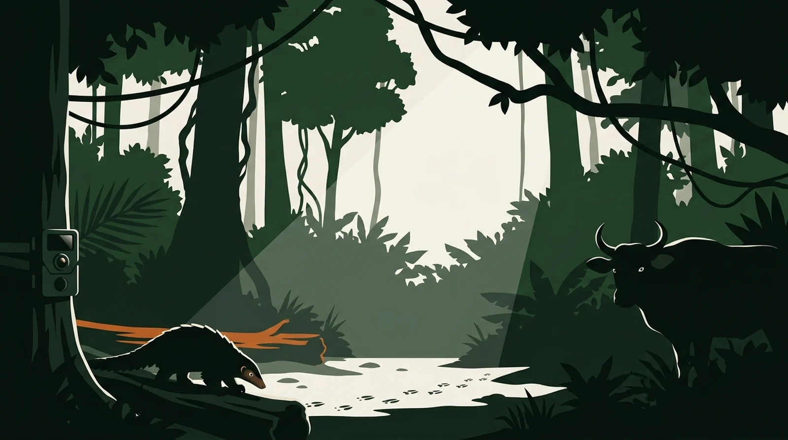Illustration of a moonlit rainforest floor with a camera trap, tracks in the mud and barely visible animals