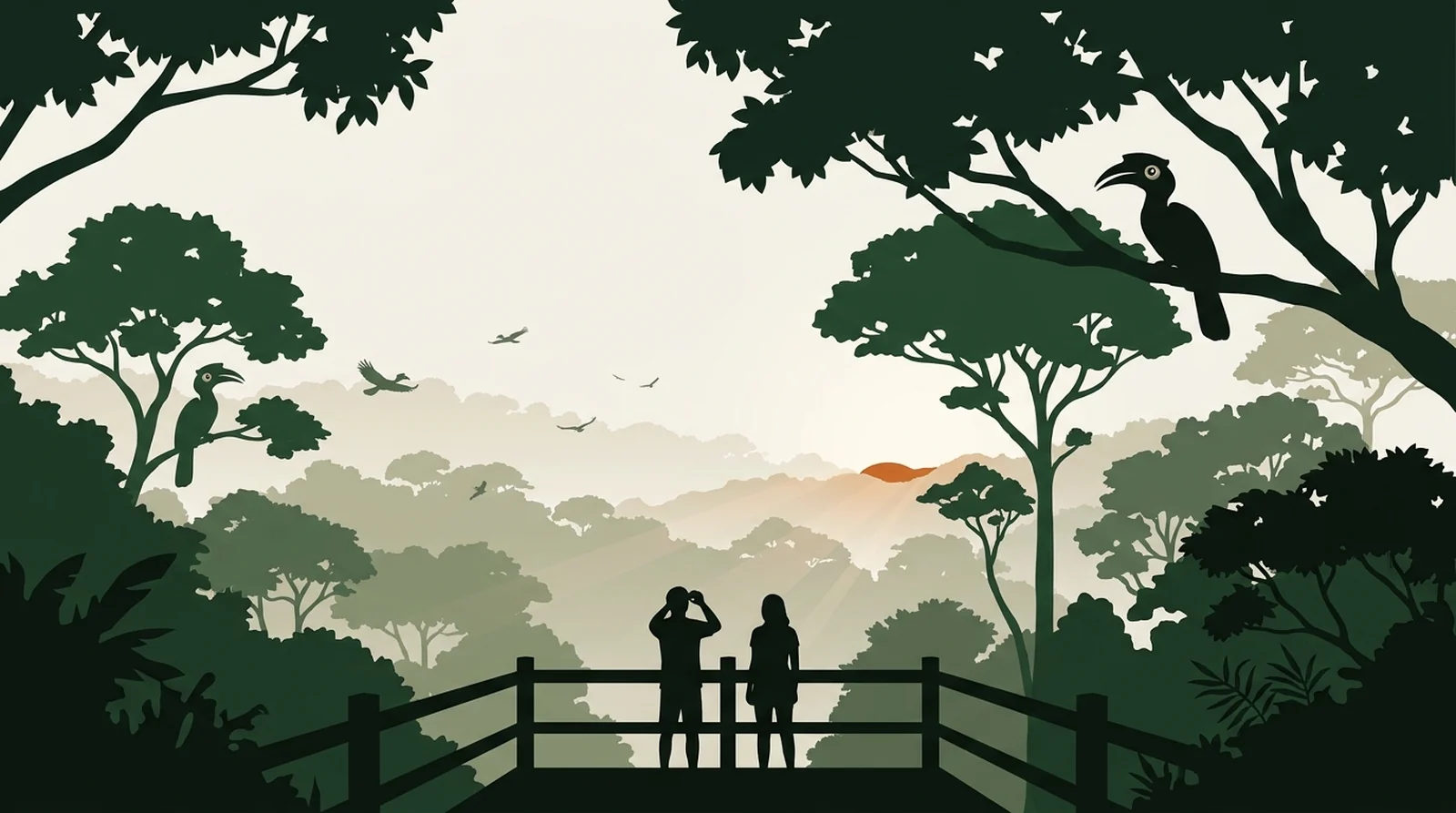 Illustration of two visitors on an observation tower watching sunrise over a misted rainforest canopy
