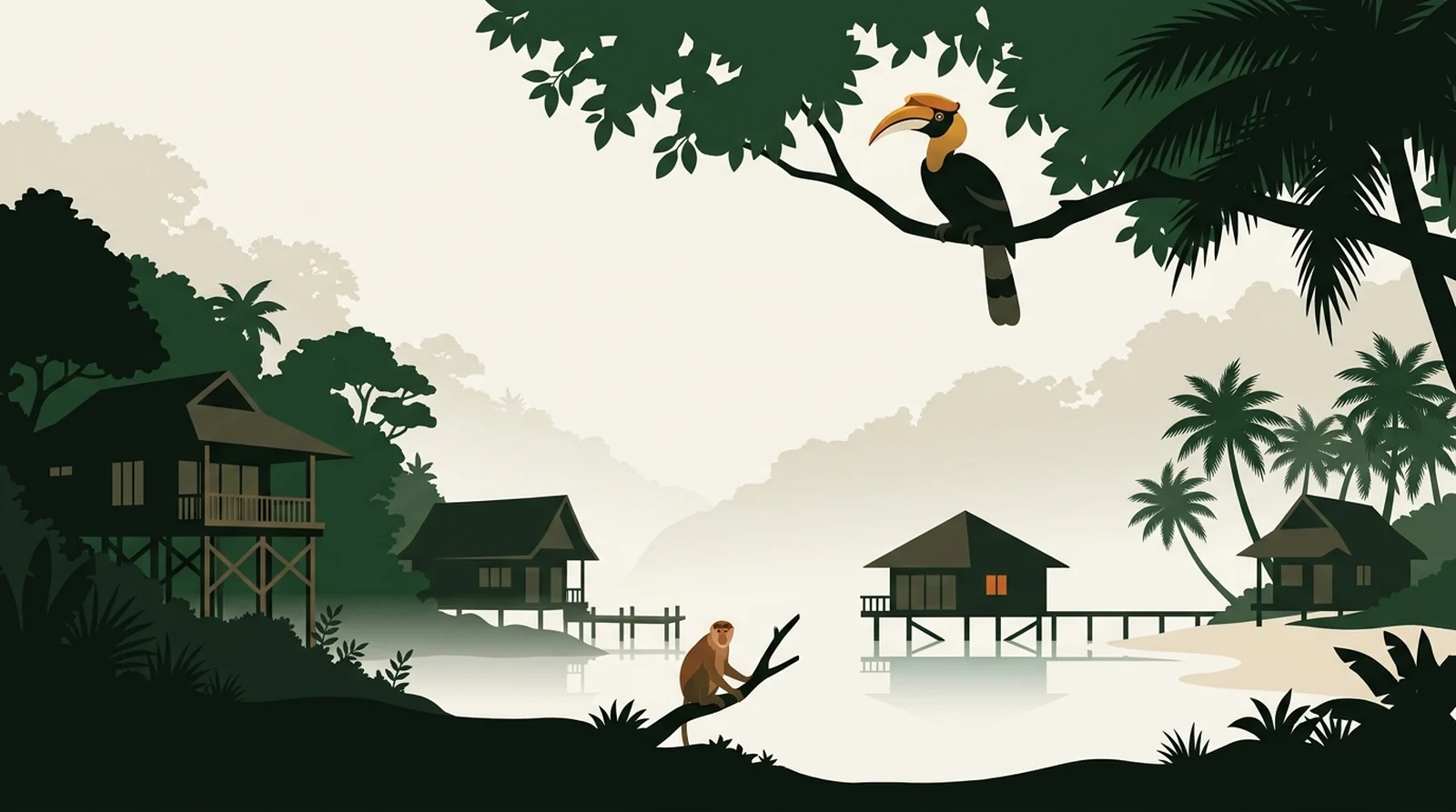 Illustration comparing a rainforest villa, a river chalet, a water bungalow and a beach chalet
