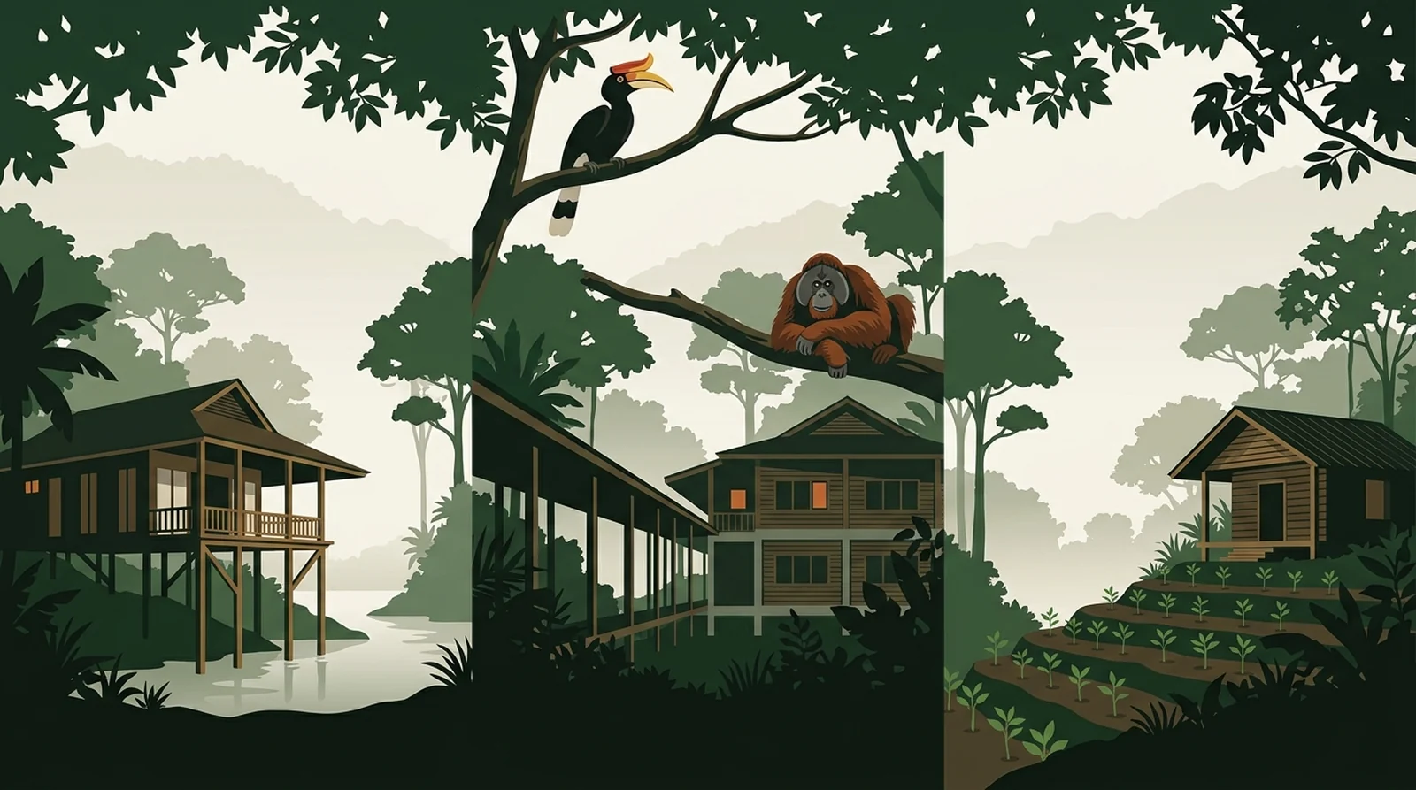 Illustration comparing a luxury villa, a research building and a simple resthouse in one forest