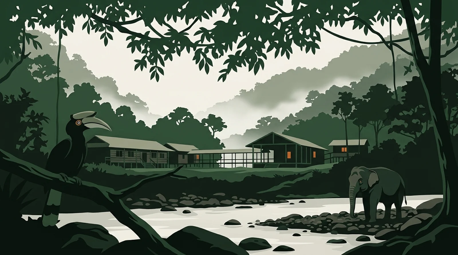 Illustration of timber research buildings on a river bank deep inside the Maliau Basin