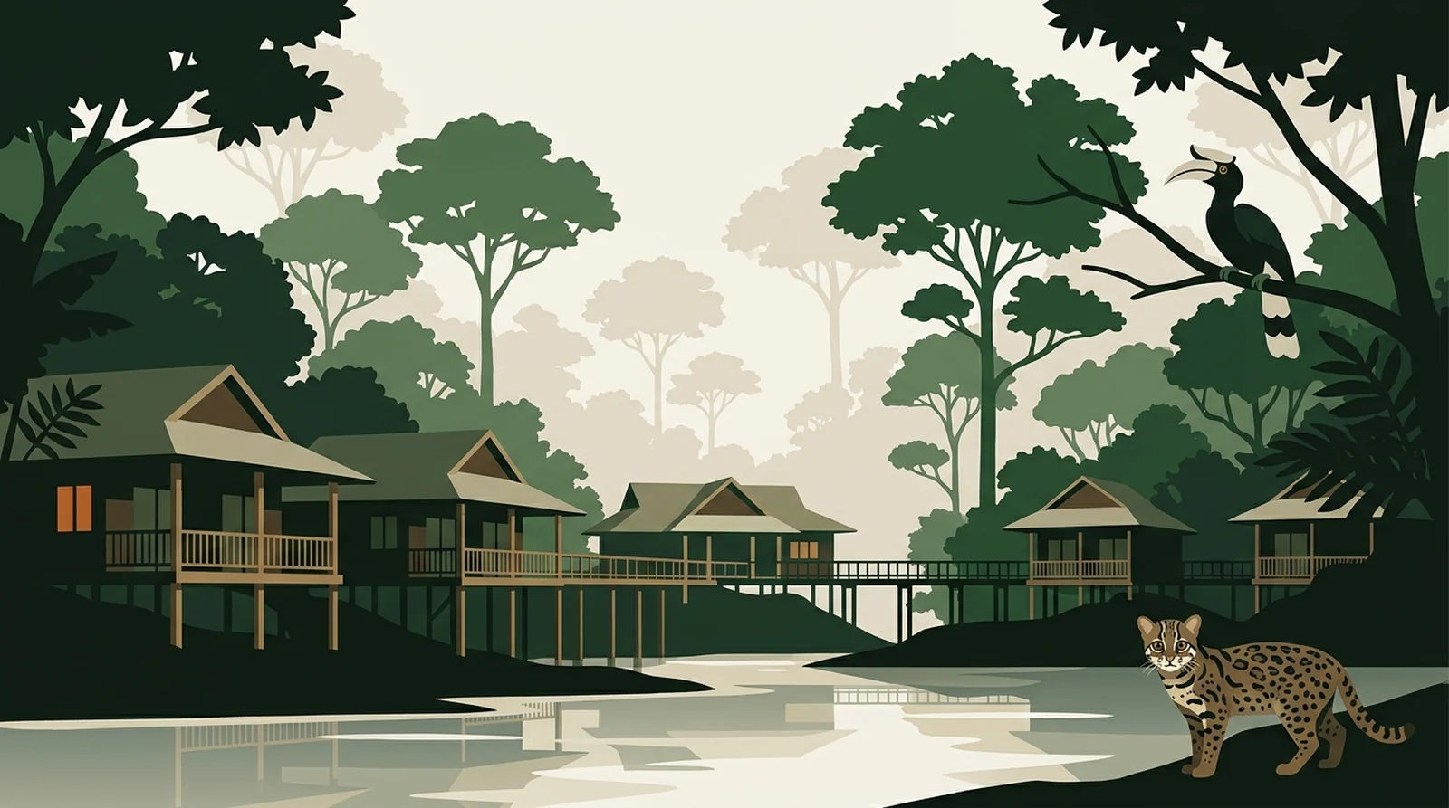 Illustration of timber villas on stilts along a small forest river with a leopard cat on the bank