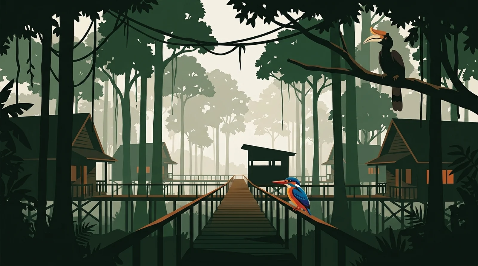 Illustration of a lodge on elevated boardwalks inside dense forest with a photography hide ahead
