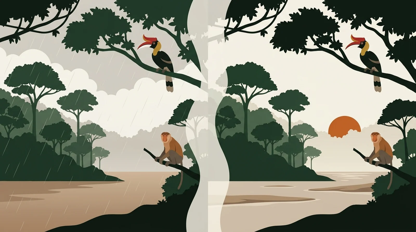 Illustration comparing a rainforest river in the wet and drier months, divided by mist