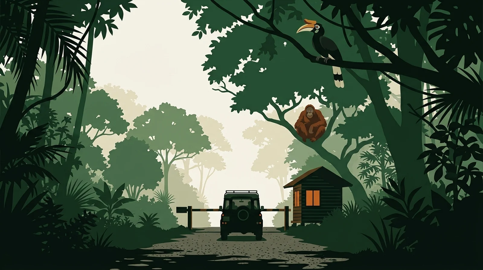 Illustration of a forest reserve gate and guard hut on a gravel road with a vehicle waiting