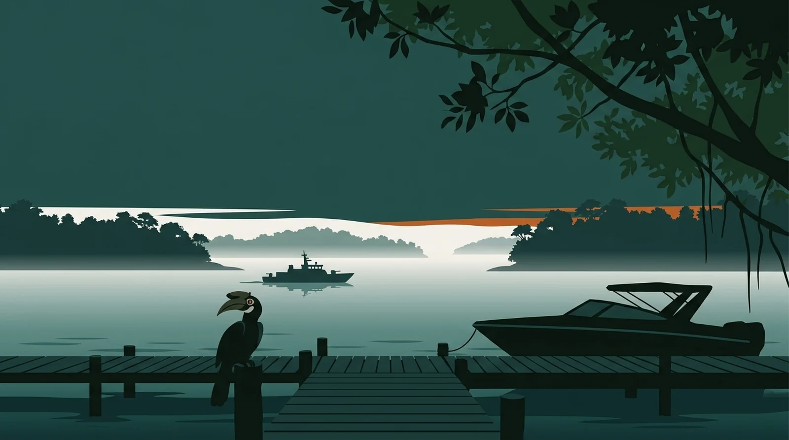 Illustration of a calm sea at first light from a jetty with a moored boat and a distant patrol vessel