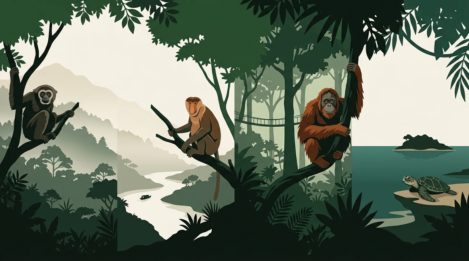 Illustration of mountains, river, lowland forest and sea read left to right as a journey