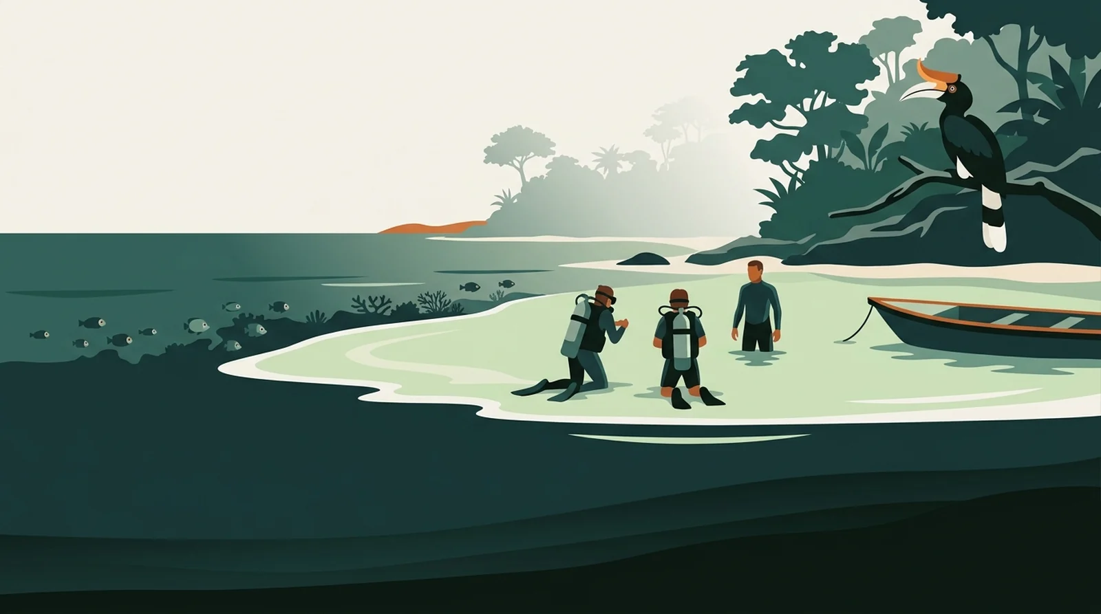 Illustration of two divers practising on the sand in a shallow lagoon with an instructor beside them