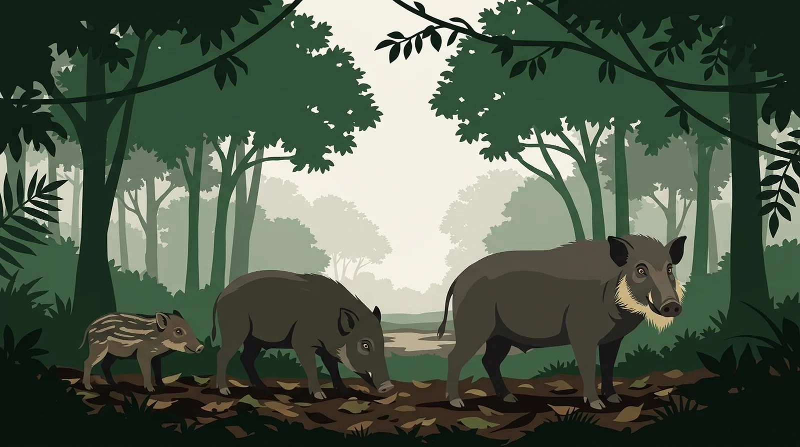 Illustration of three Bornean bearded pigs rooting along the rainforest floor