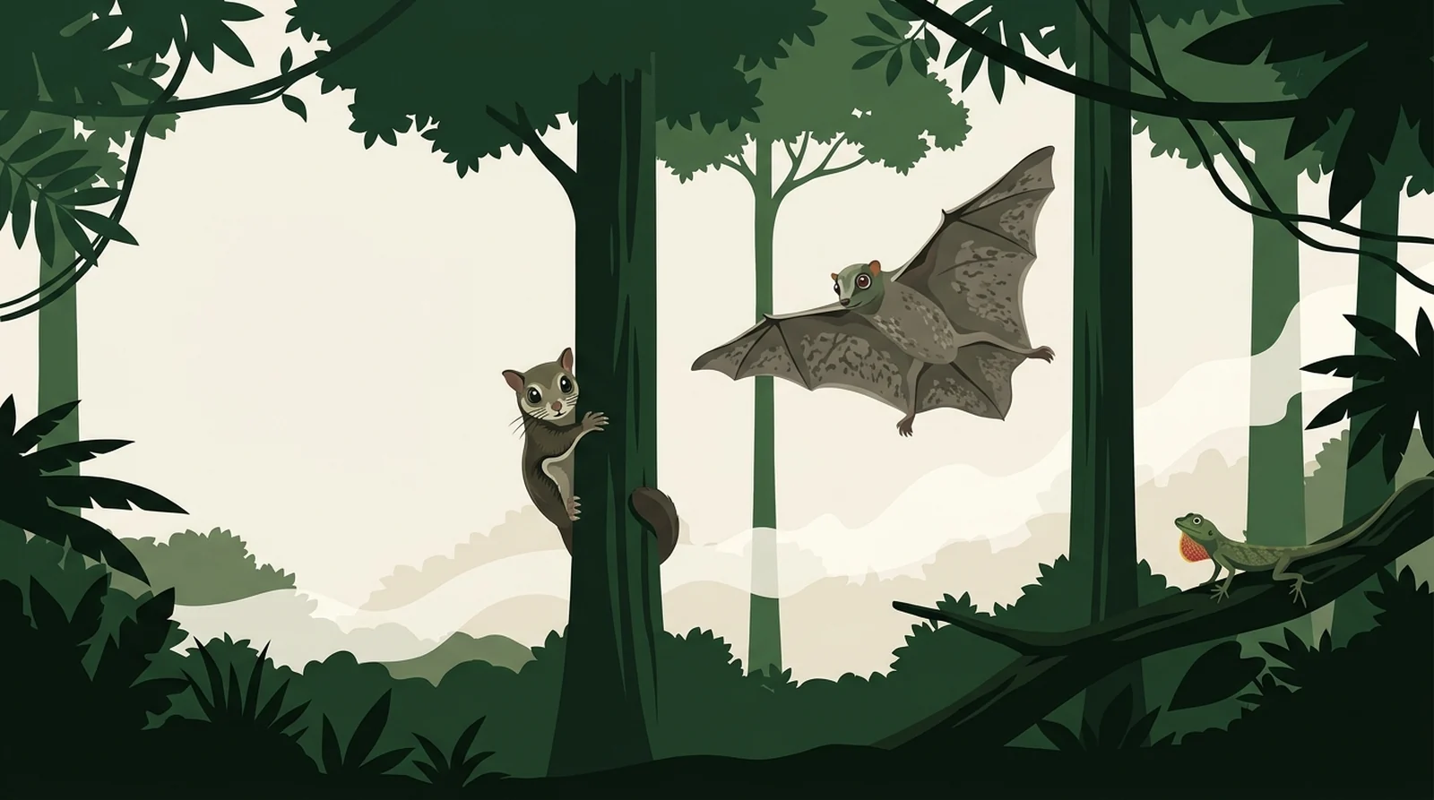 Illustration of a colugo in mid-glide between trunks with a flying squirrel and a gliding lizard