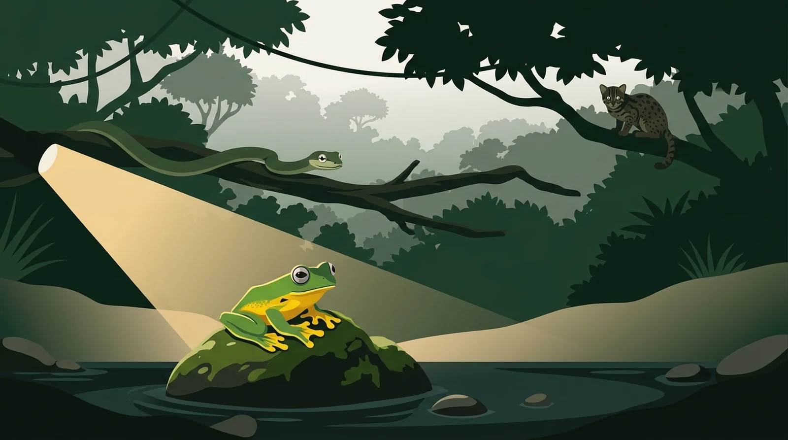 Illustration of a torch beam on a night stream with a flying frog on a rock and a vine snake above