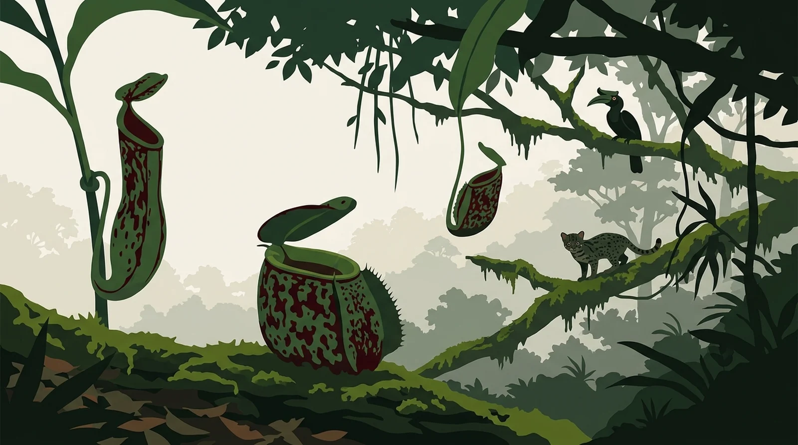 Illustration of three Bornean pitcher plants on a mossy bank in dim forest light