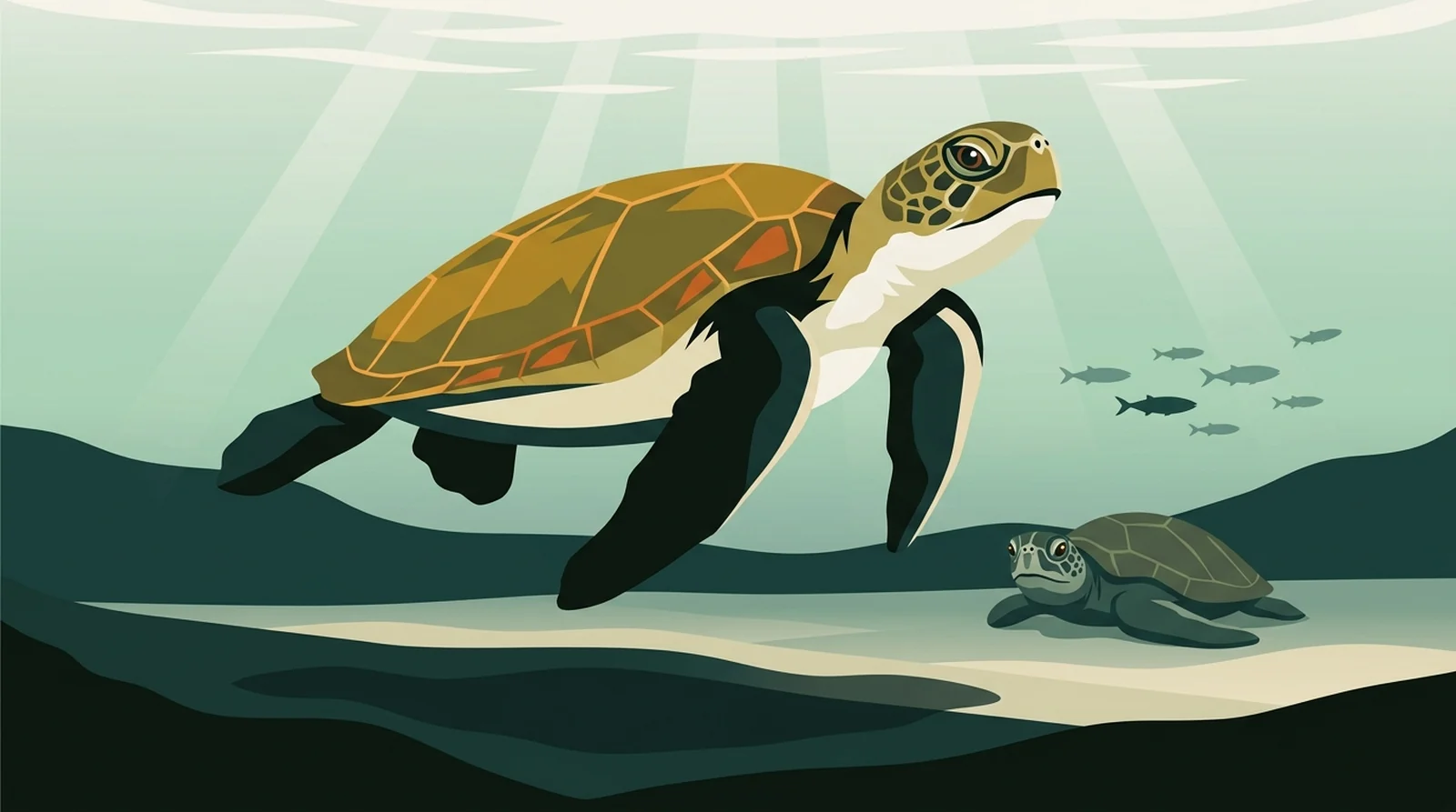 Illustration of a green turtle gliding below the surface with a second resting on the sand