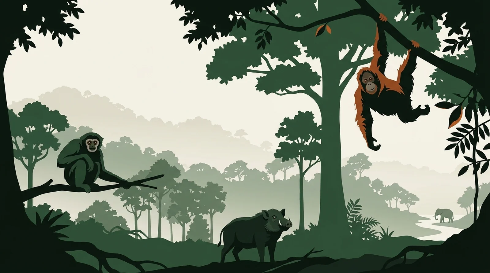 Illustration of a rainforest in three tiers with an orangutan, a gibbon, a bearded pig and a distant elephant